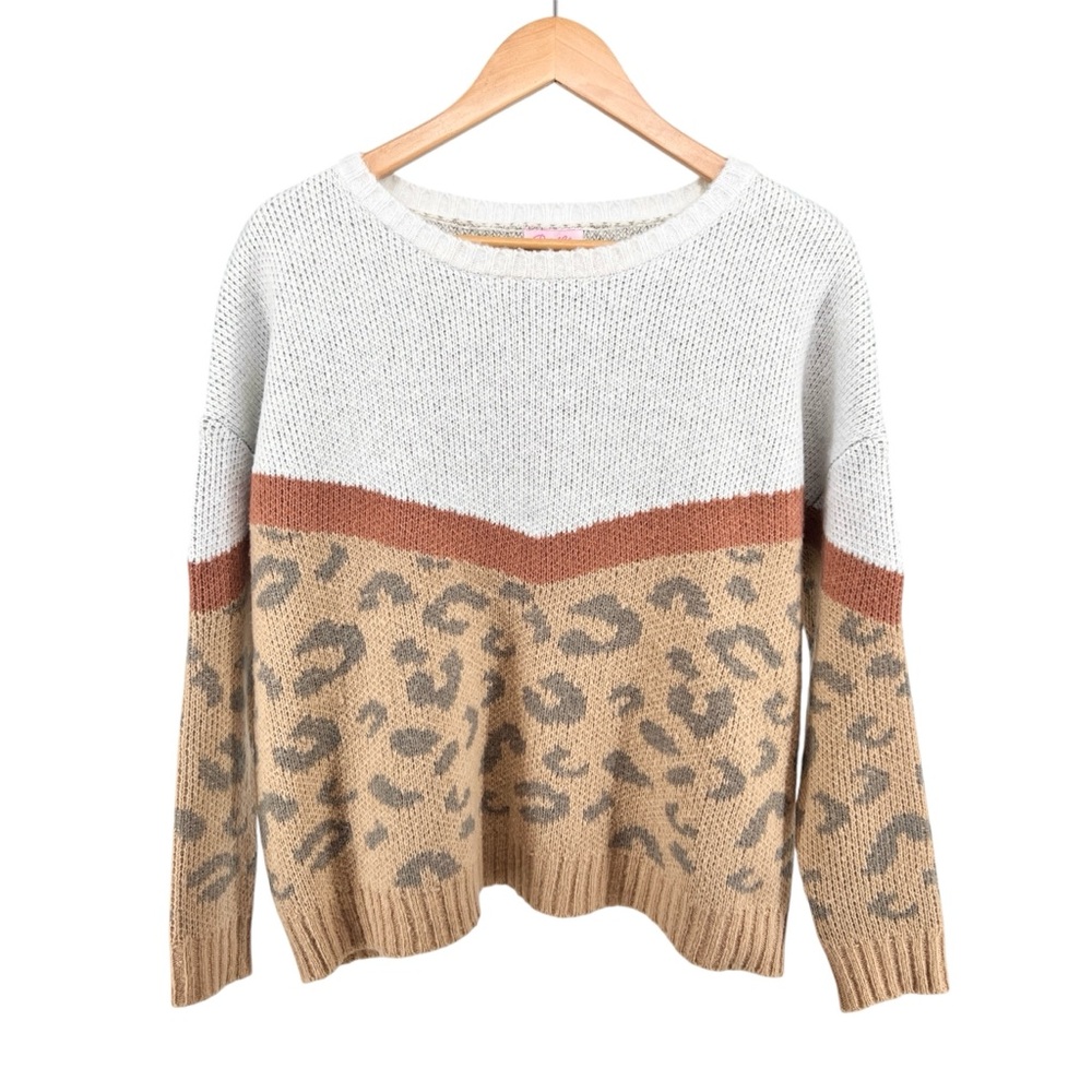 Pink Lily Leopard Print Colorblock Sweater Small Oversized Neutral Drop Shoulder